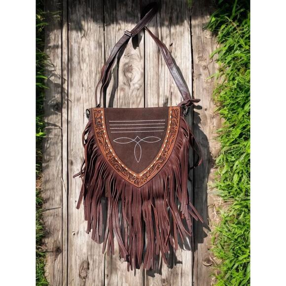 western linens Handbags - Western Linens Fringe Suede Leather Bootstitch Crossbody